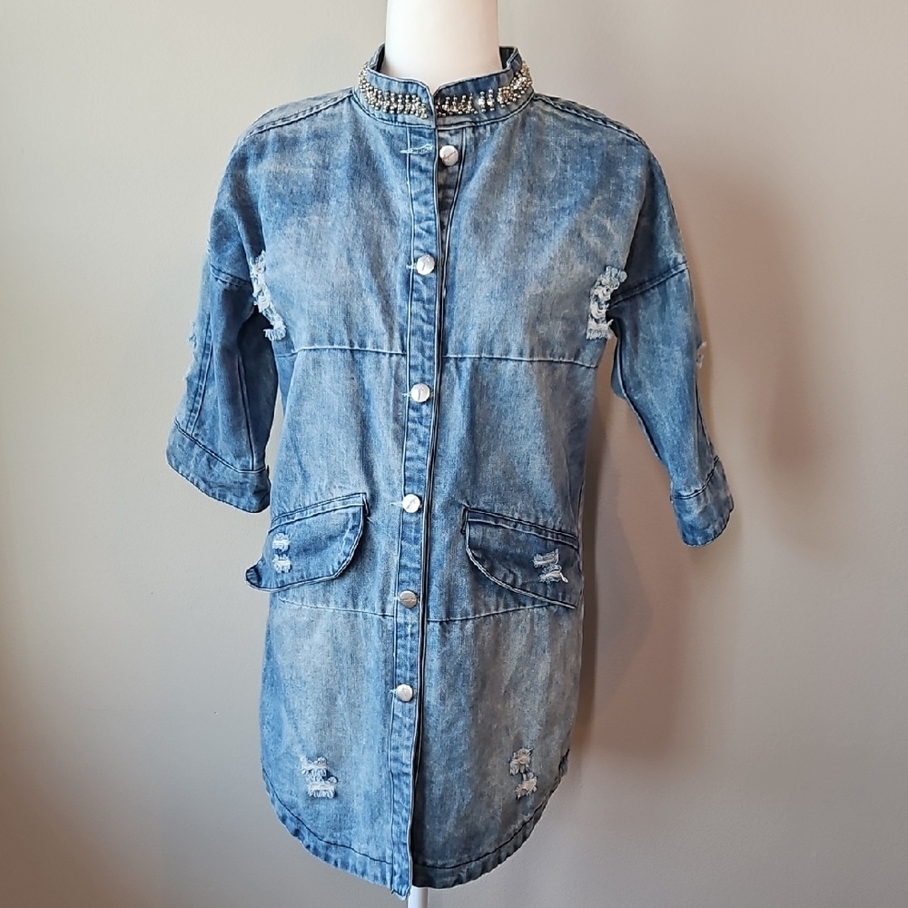 Distressed Light Blue Denim Jacket with Studded Collar